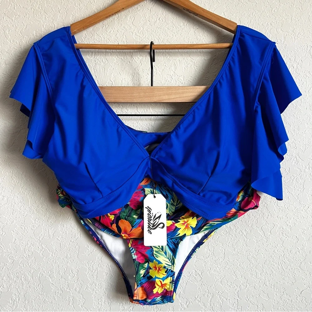 Sporlike Two Piece Swimsuit Ruffle Sleeve Blue Floral High Waist Bottoms…